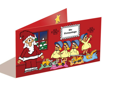 Weihnachtskarte Baumaschinen -  : Der Weihnachtsmann mit seinen vier kleinen Engelchen, die Bauarbeiterhelme tragen und Baumaschinen wie...