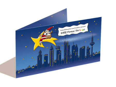 Weihnachtskarte mit Firmenlogo - Skyline Frankfurt am Main -   Henninger Turm, Westhafentower, Messeturm, DZ-Bank, Commerzbank, Maintower (Helaba), EZB, City Haus und...