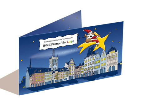 Weihnachtskarte Trier -   Der Weihnachtsmann fliegt mit Ihrem Firmenlogo �ber den Hauptmarkt der Stadt Trier...